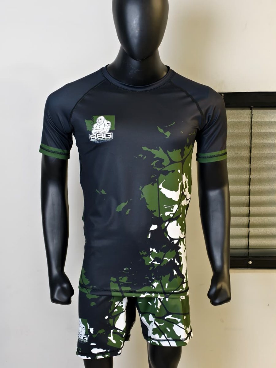 Custom fight kit designed for SBG — matching rashguard and fight shorts.