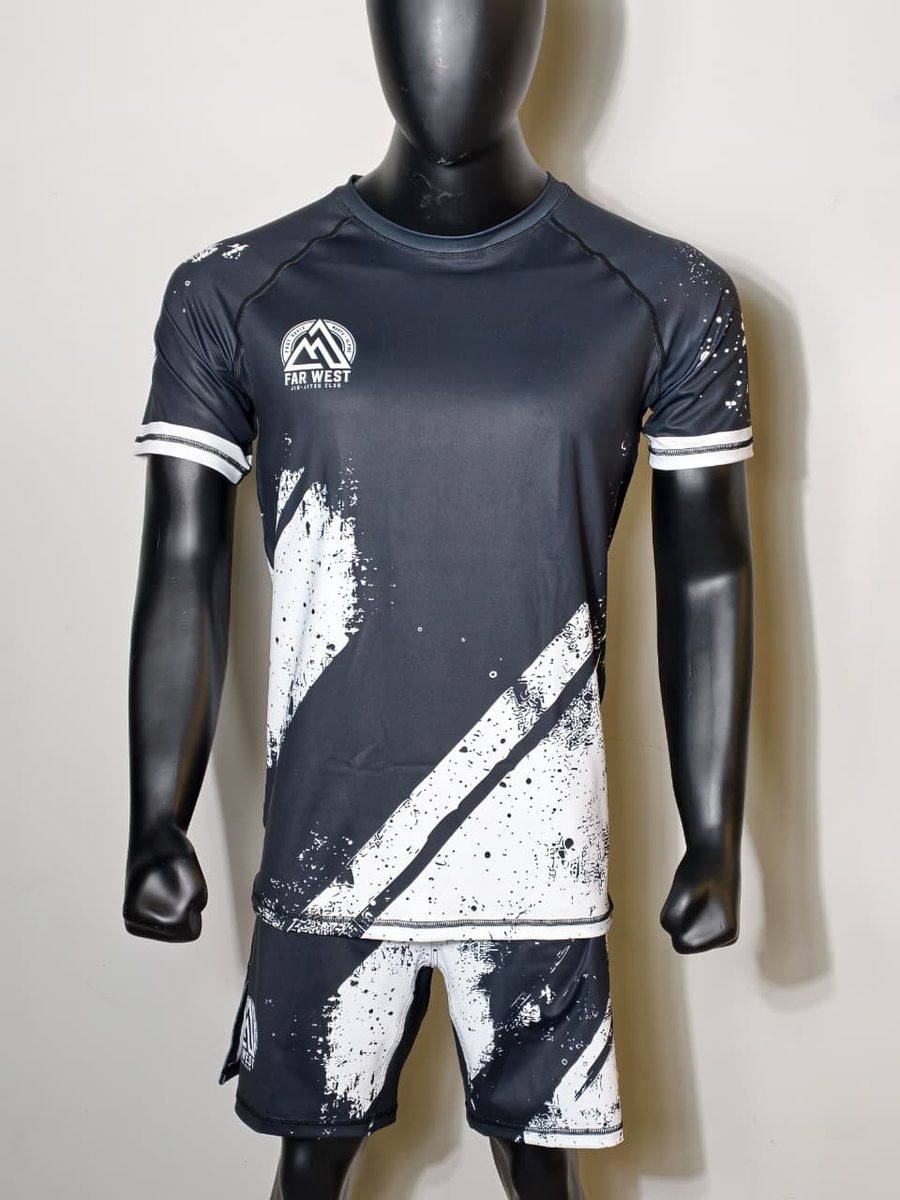 Custom fight kit designed for Far West Jiu Jitsu Club — matching rashguard and fight shorts.